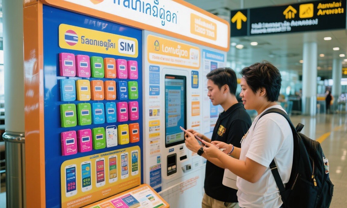 Local SIM card kiosk at Bangkok airport arrivals hall