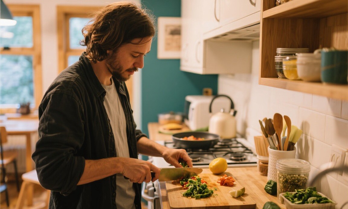 Simple hostel kitchen meal preparation with local ingredients