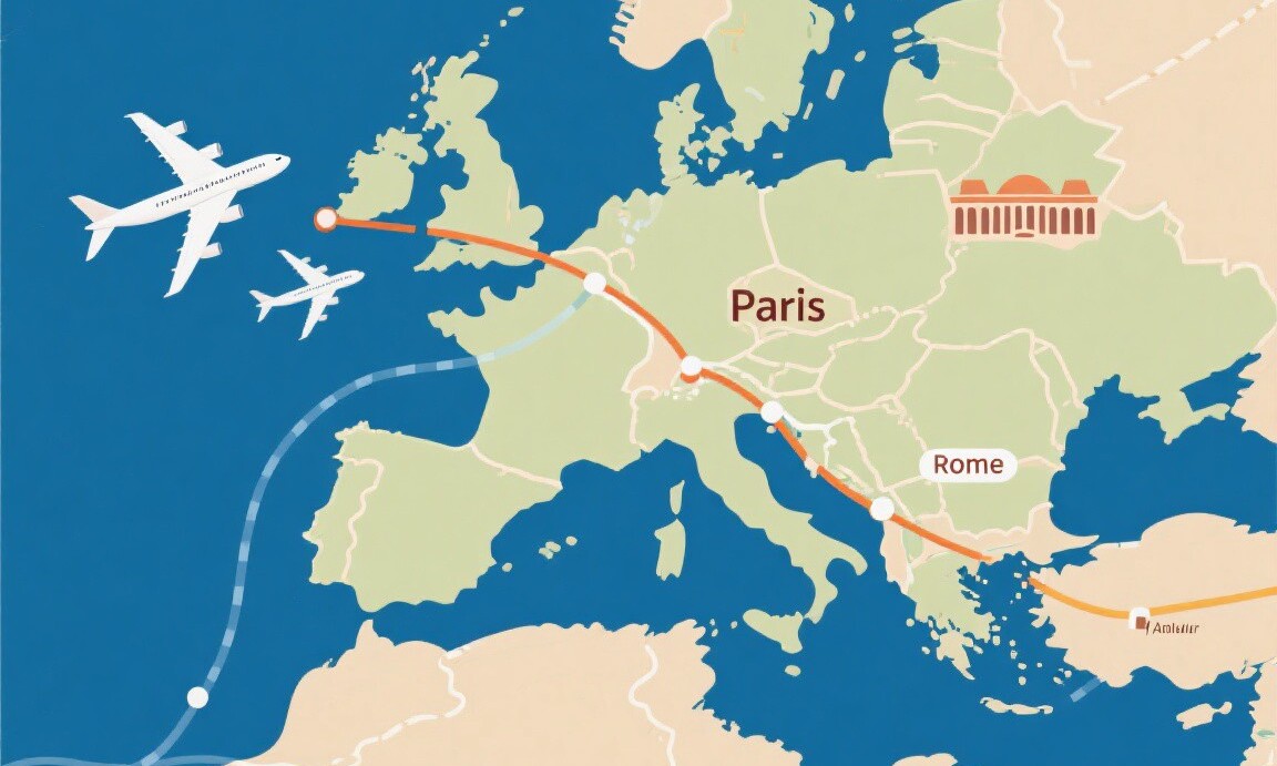 Open-jaw flight route saving money on European travel