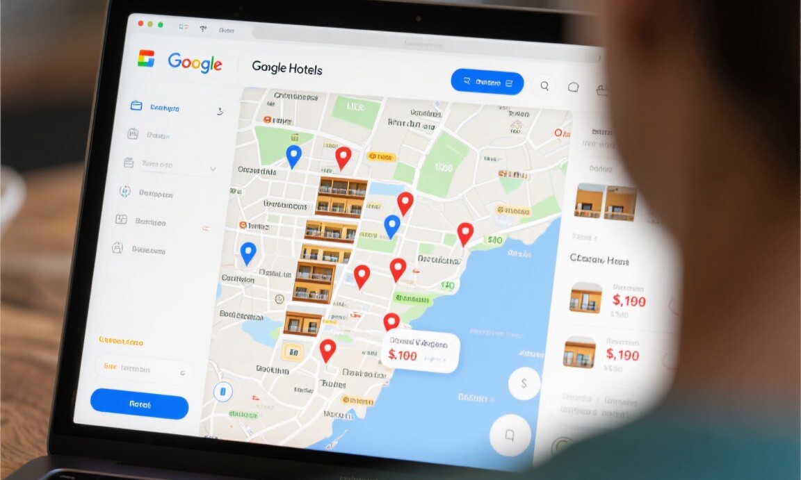 Google Hotels map view showing price pins for Barcelona