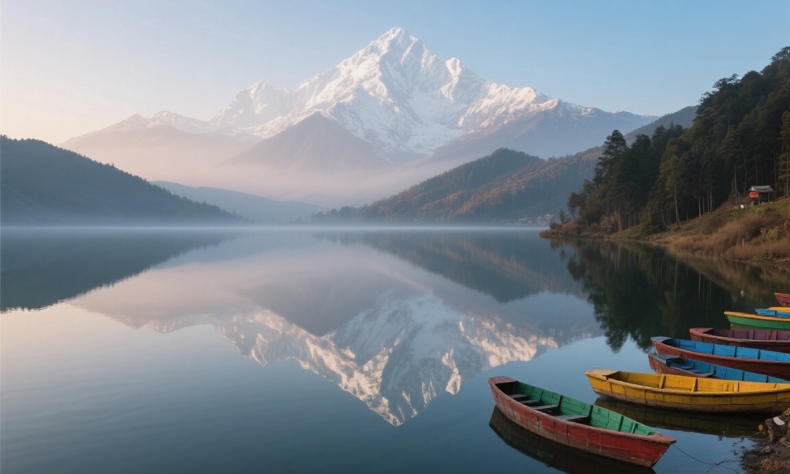 Annapurna range reflected in Phewa Lake at dawn