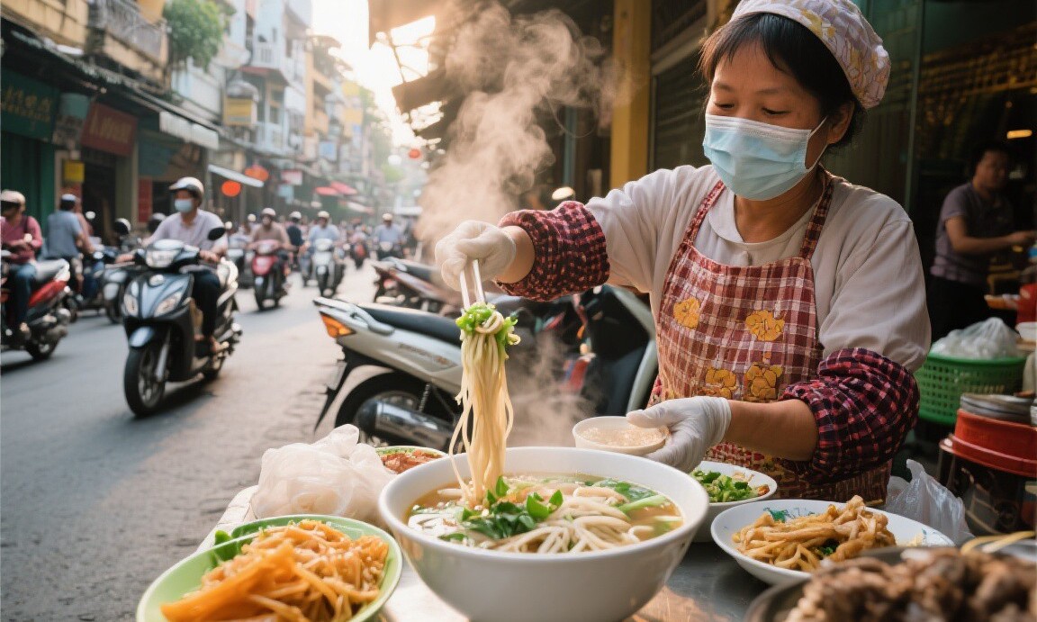 Street food vendor serving pho in Hanoi's Old Quarter