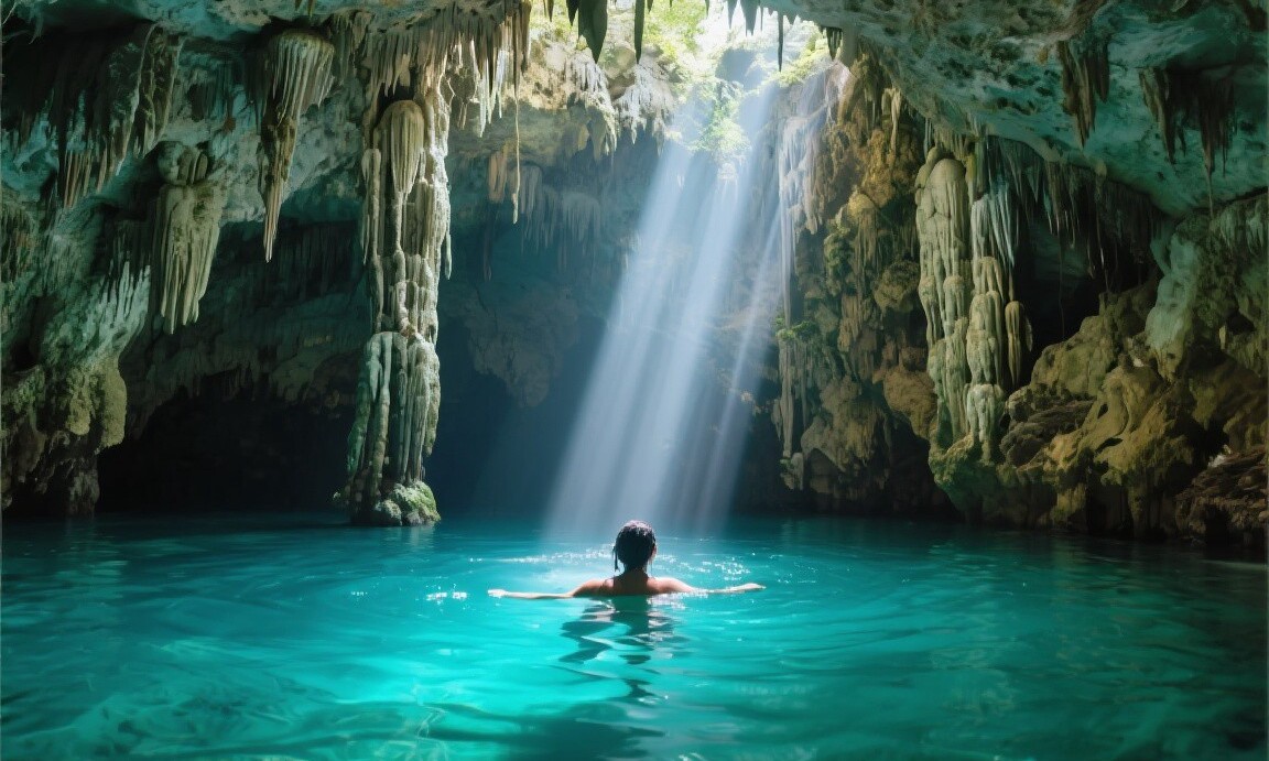 Swimming in a cenote near Valladolid, Yucatan