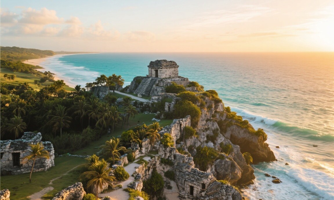 Tulum ruins perched above the Caribbean Sea at sunrise