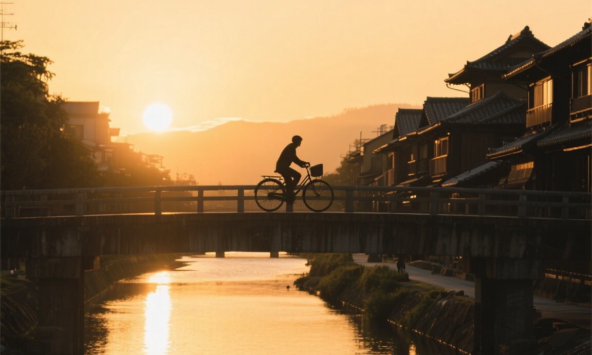 Golden hour light over the Kamo River in Kyoto
