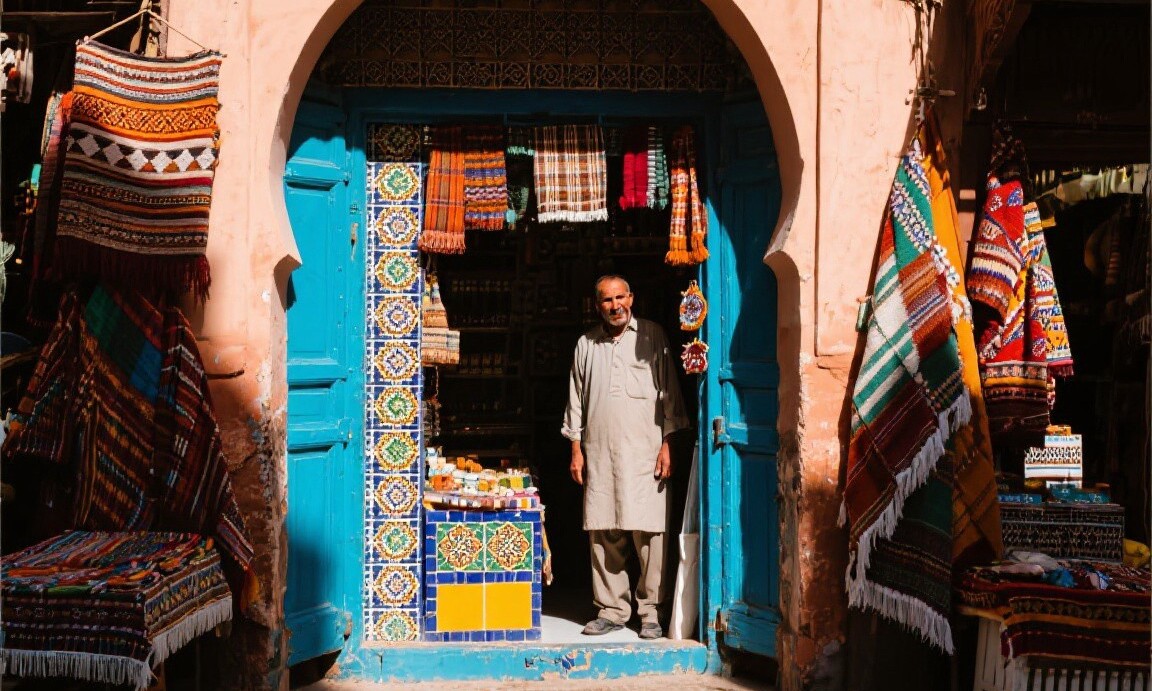 Street scene in Marrakech medina using natural doorway lighting
