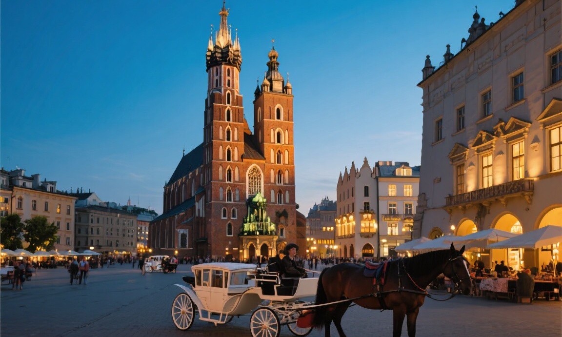 Krakow's Main Market Square at twilight