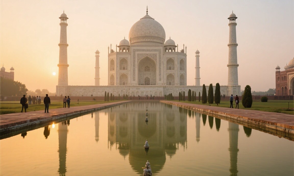 Taj Mahal at sunrise with few tourists