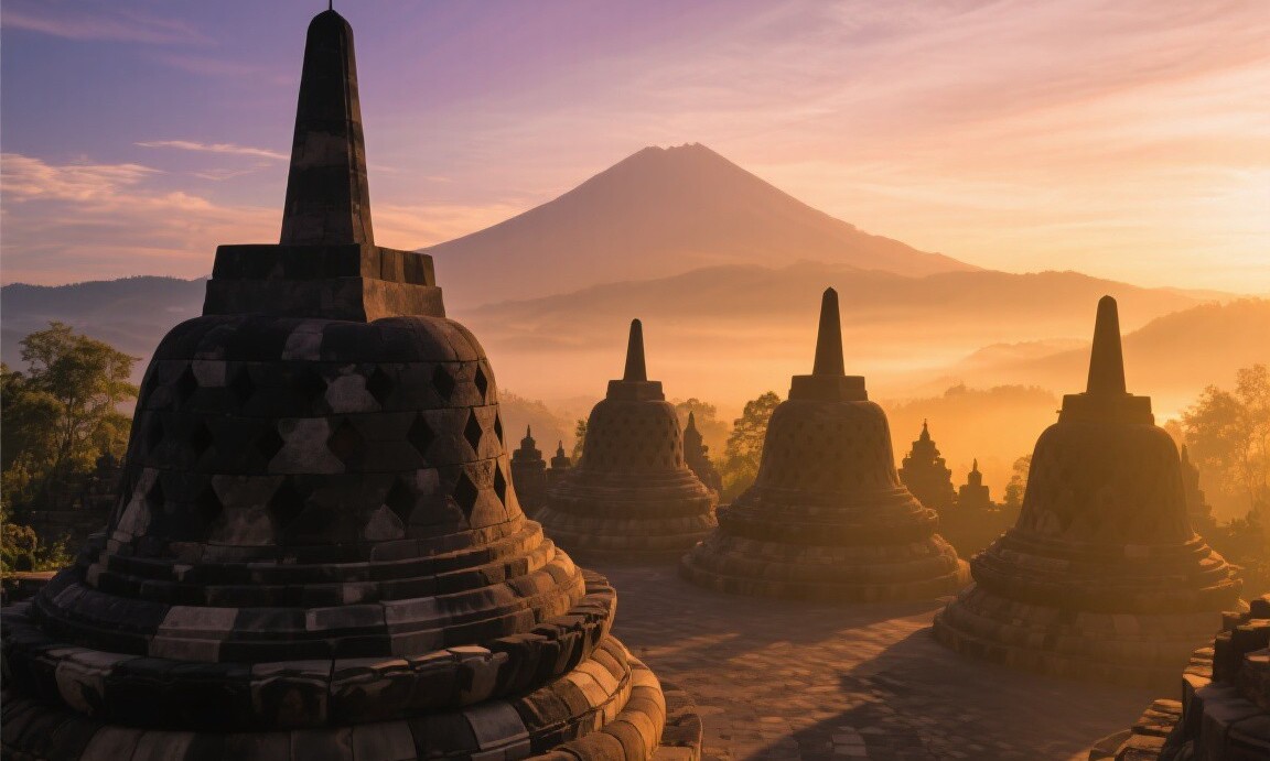 Sunrise at Borobudur temple with volcanic backdrop