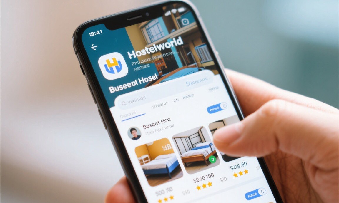 Hostelworld app showing budget hostel options