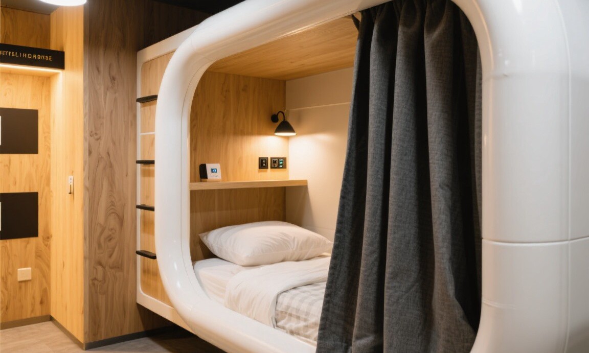 Modern pod-style dorm bed with privacy curtain