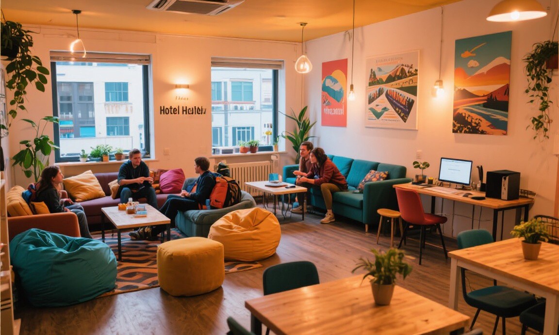Hostel common area with social seating and workspace