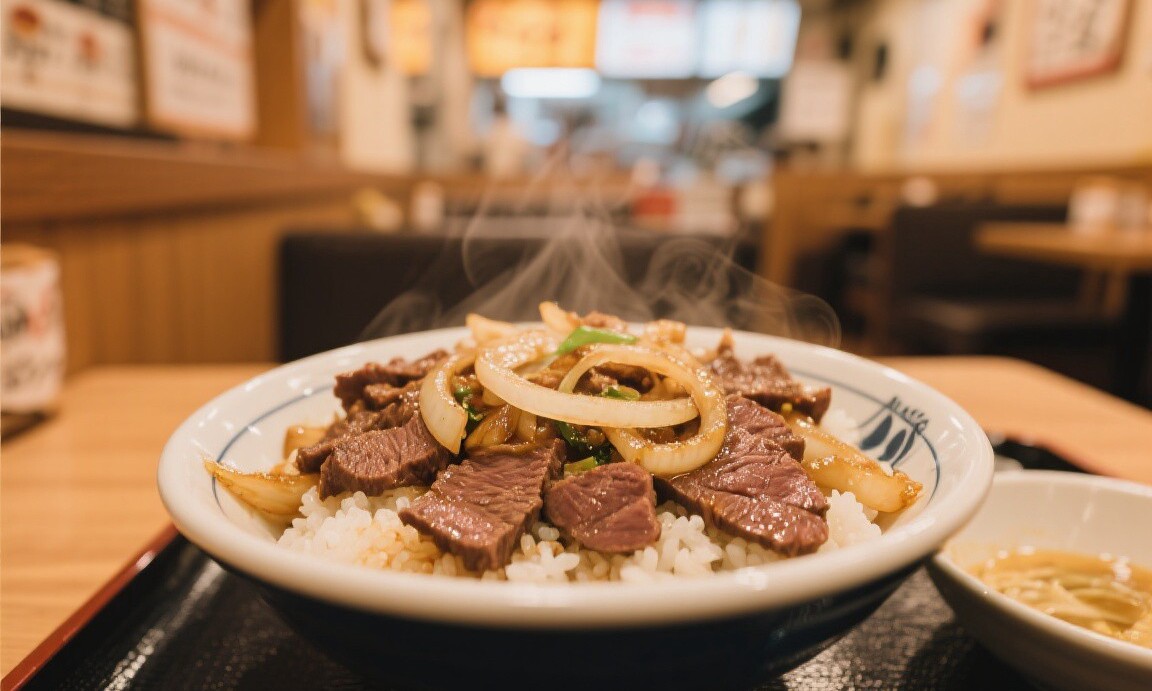 Affordable gyudon beef bowl at a Matsuya restaurant in Tokyo