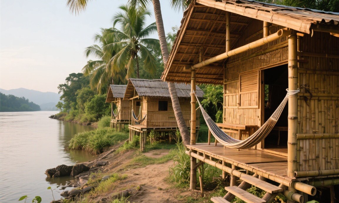 Bamboo bungalows on Don Khon island in Laos
