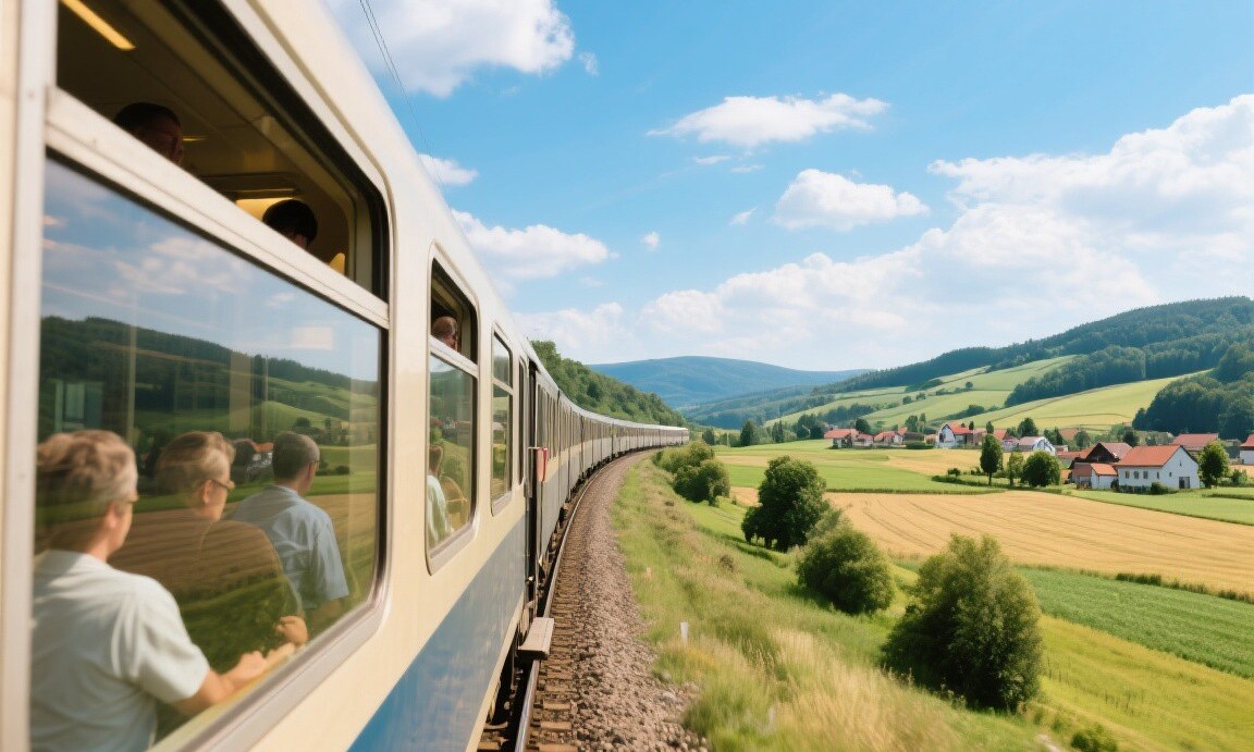 Regional train crossing the European countryside
