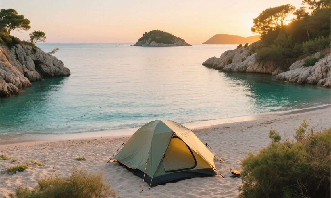 Wild camping spot on a beach in Ksamil, Albania