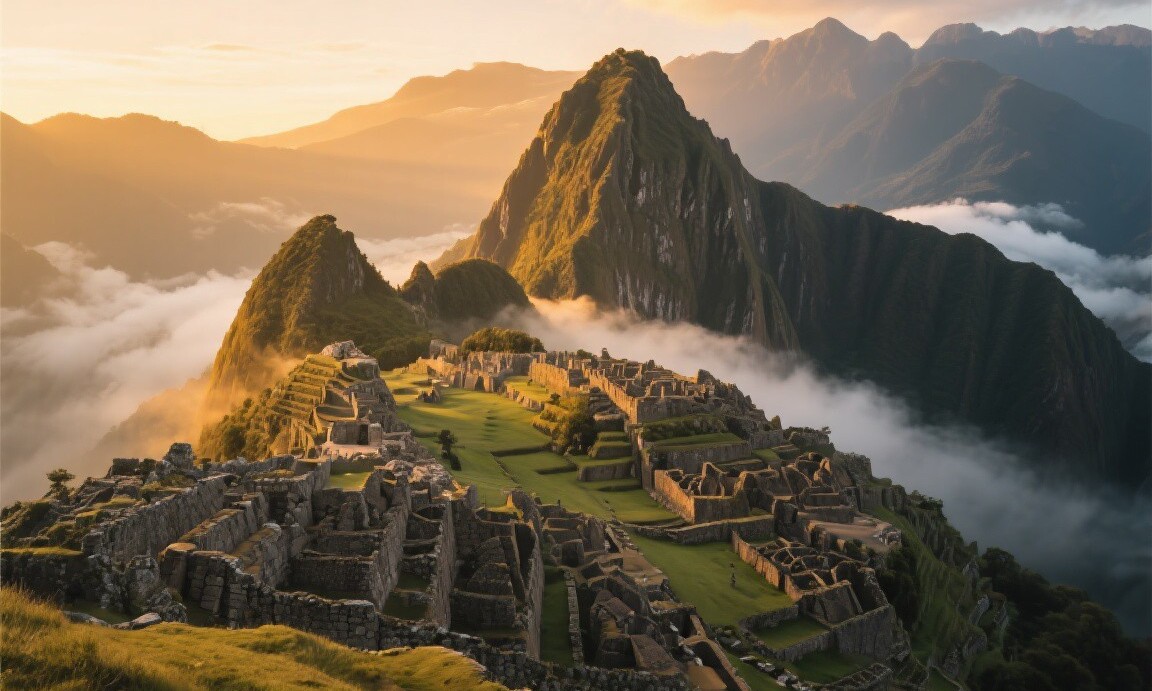 Machu Picchu at sunrise with Huayna Picchu in background
