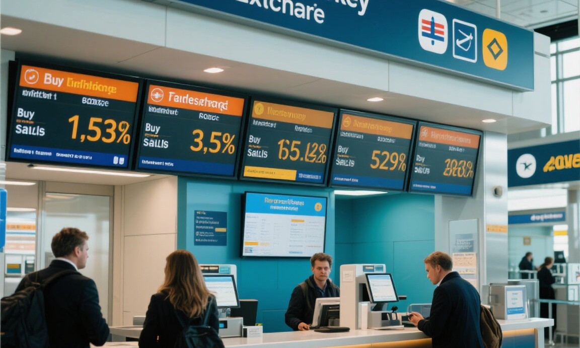 Airport currency exchange kiosk with unfavorable rates
