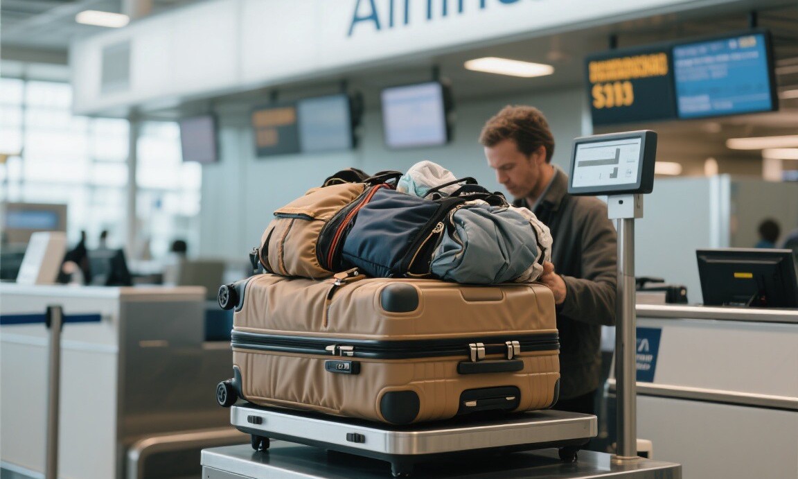 Overpacked suitcase at airport check-in counter