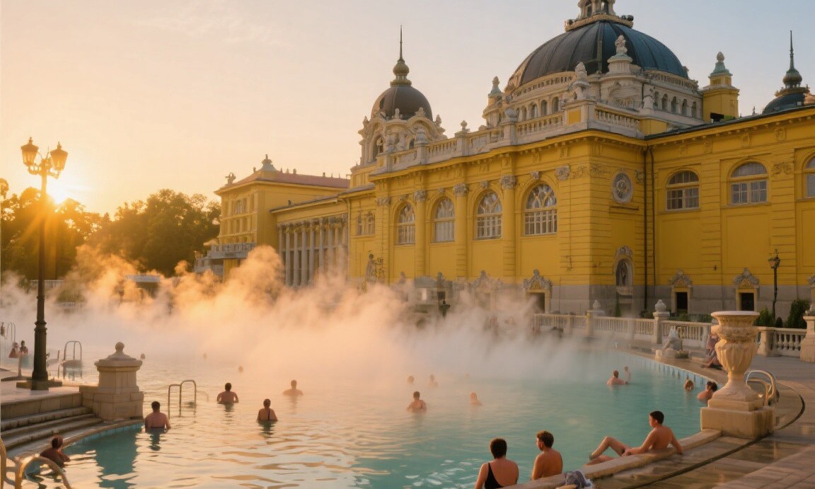 Széchenyi thermal baths in Budapest at sunrise