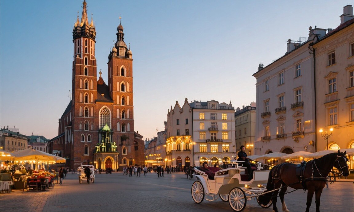 Krakow's Old Town square at dusk