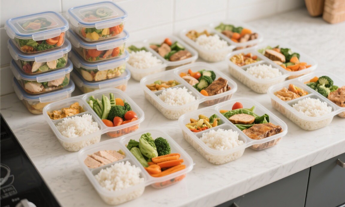 Meal prep containers organized for the week