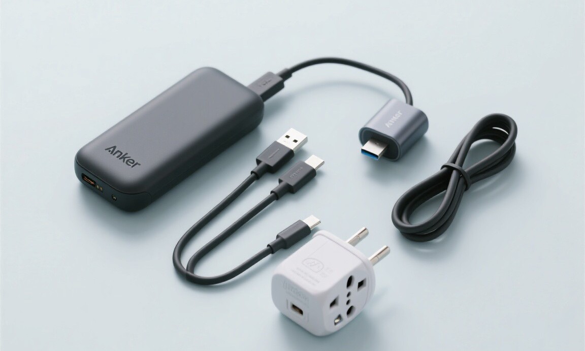 Travel charging setup: power bank, cables, and universal adapter