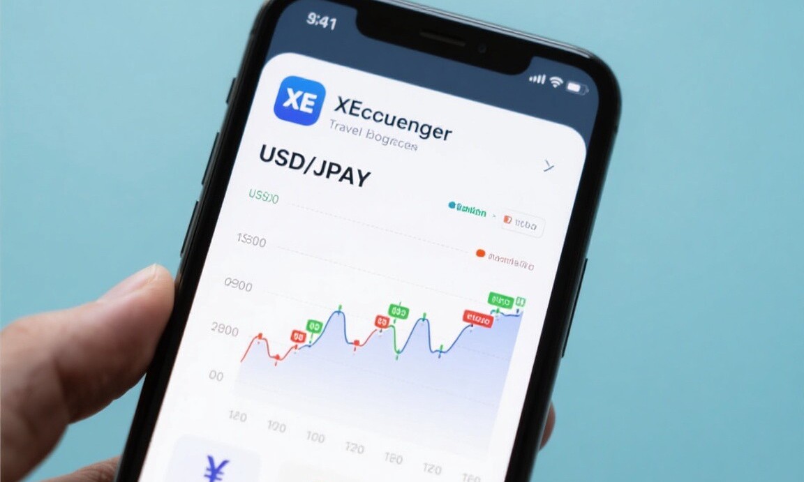 XE Currency app showing USD/JPY exchange rate over 12 months