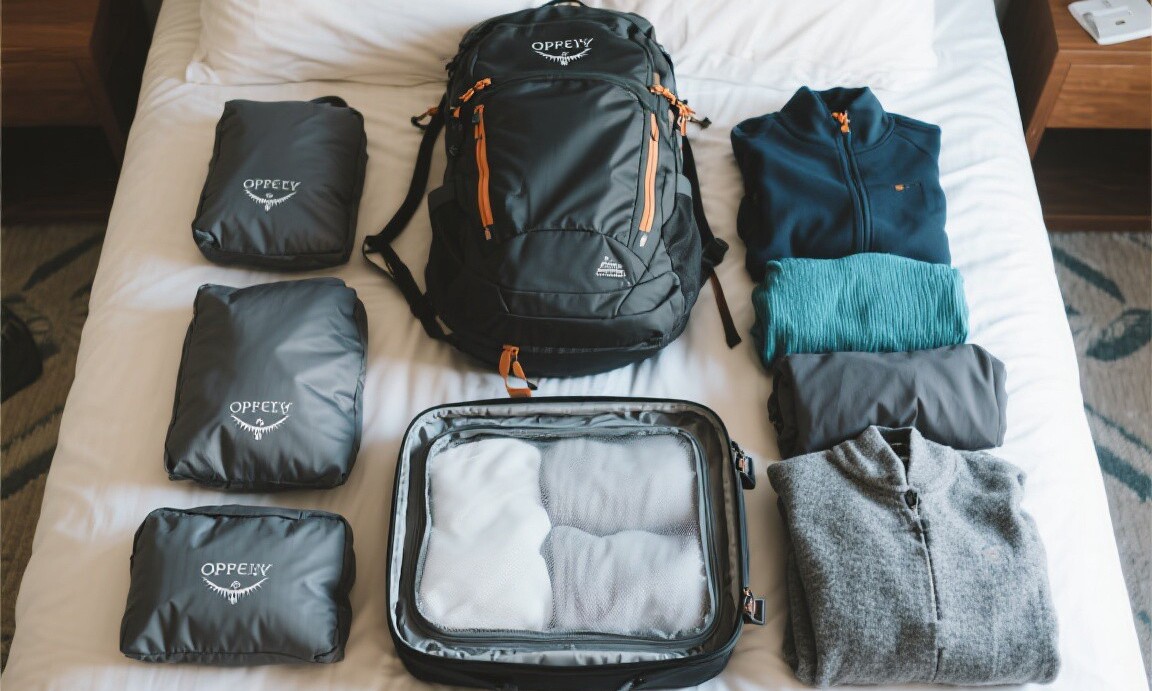 Carry-on packing layout with merino wool clothing system