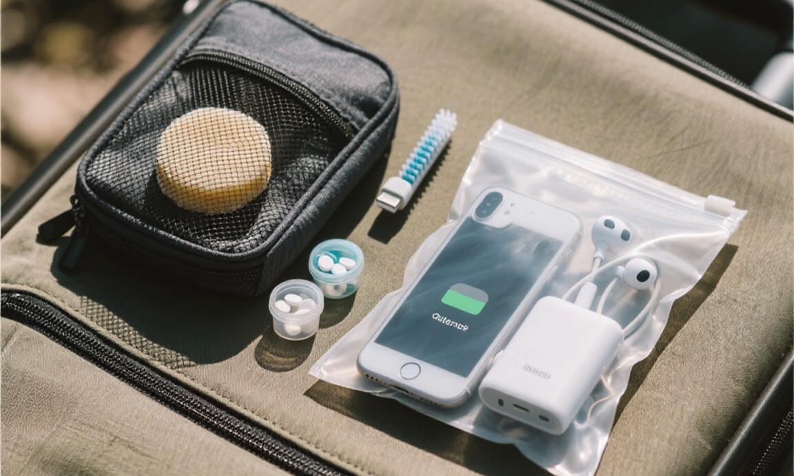 Toiletry kit and tech essentials that fit in a quart bag