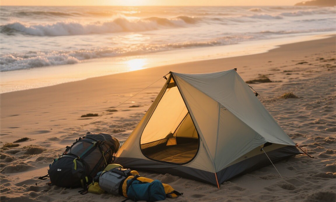 Lightweight camping tent setup on a beach