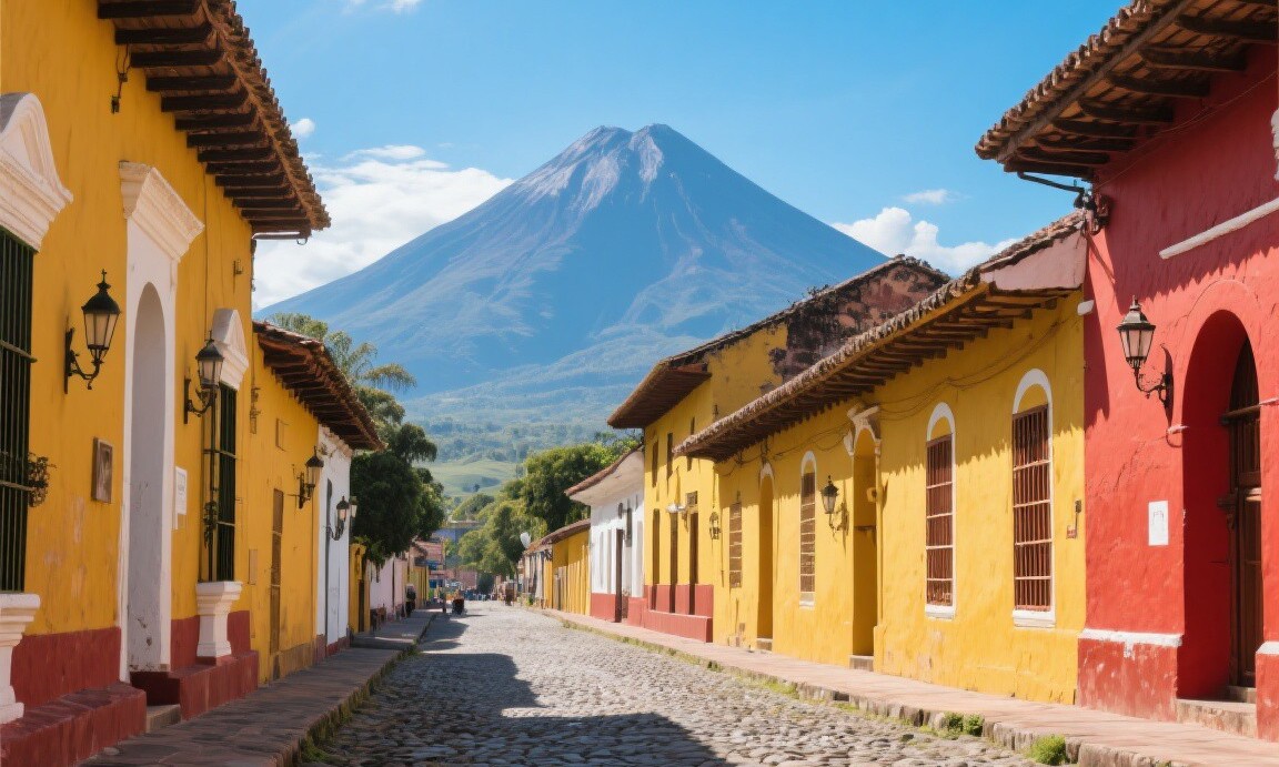 Antigua, Guatemala with volcanoes in background