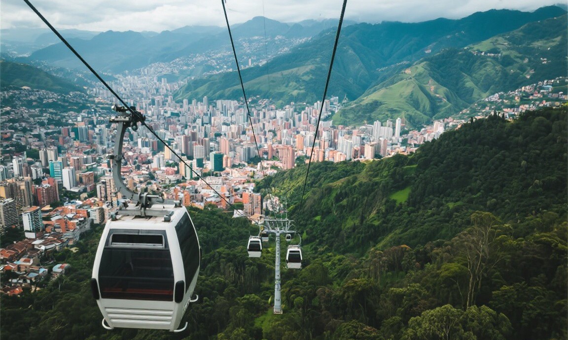 View of Medellin from the metro cable car heading to Parque Arvi