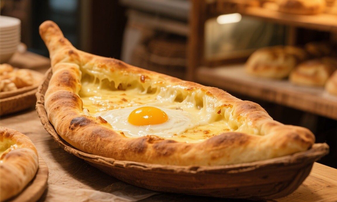 Traditional khachapuri bread at a bakery in Tbilisi, Georgia