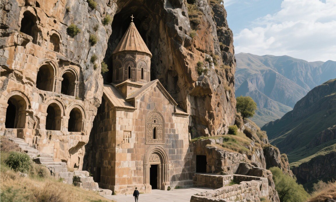 Geghard Monastery carved into the cliff face in Armenia