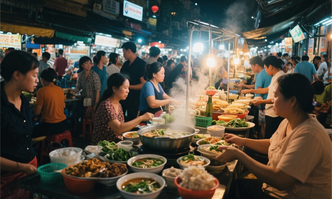 Street food market in Hanoi Vietnam