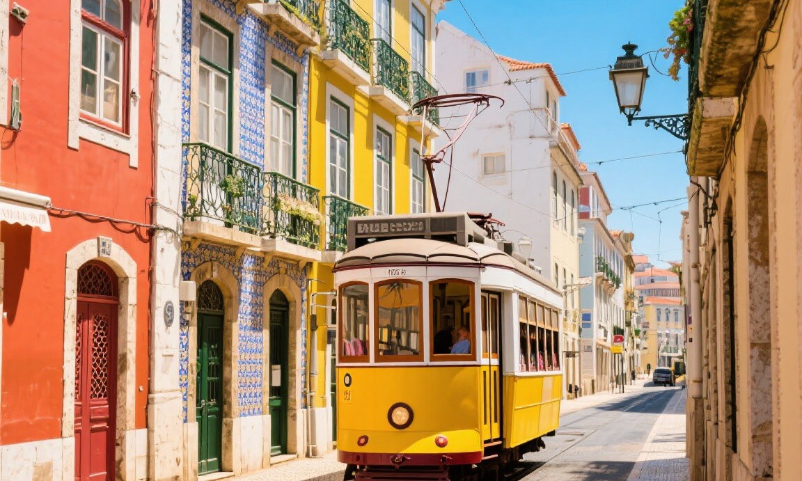 Lisbon Portugal colorful tram and buildings