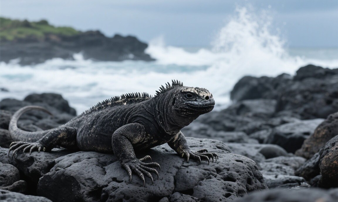 Marine iguana on the rocky shore of Santa Cruz Island