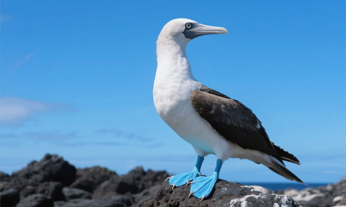 Blue-footed booby on North Seymour Island in the Galapagos