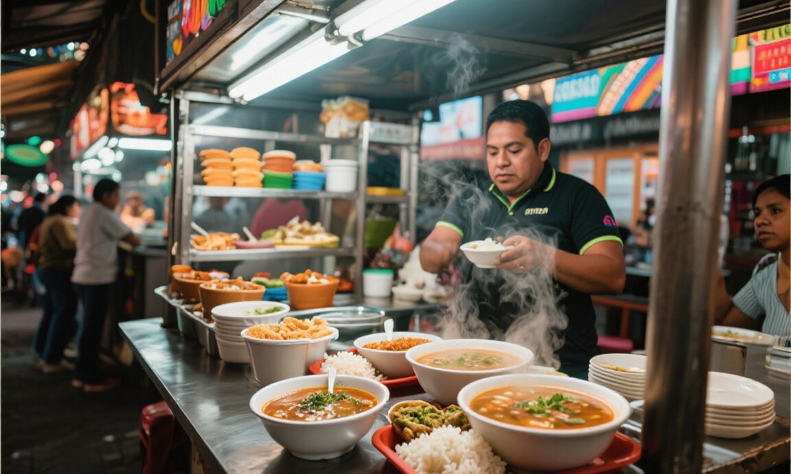 Street food stall in Mexico City serving comida corrida for under $5