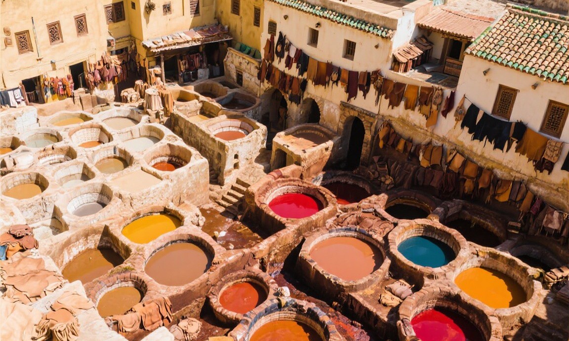Colorful leather dye pits at Chouara Tannery in Fes