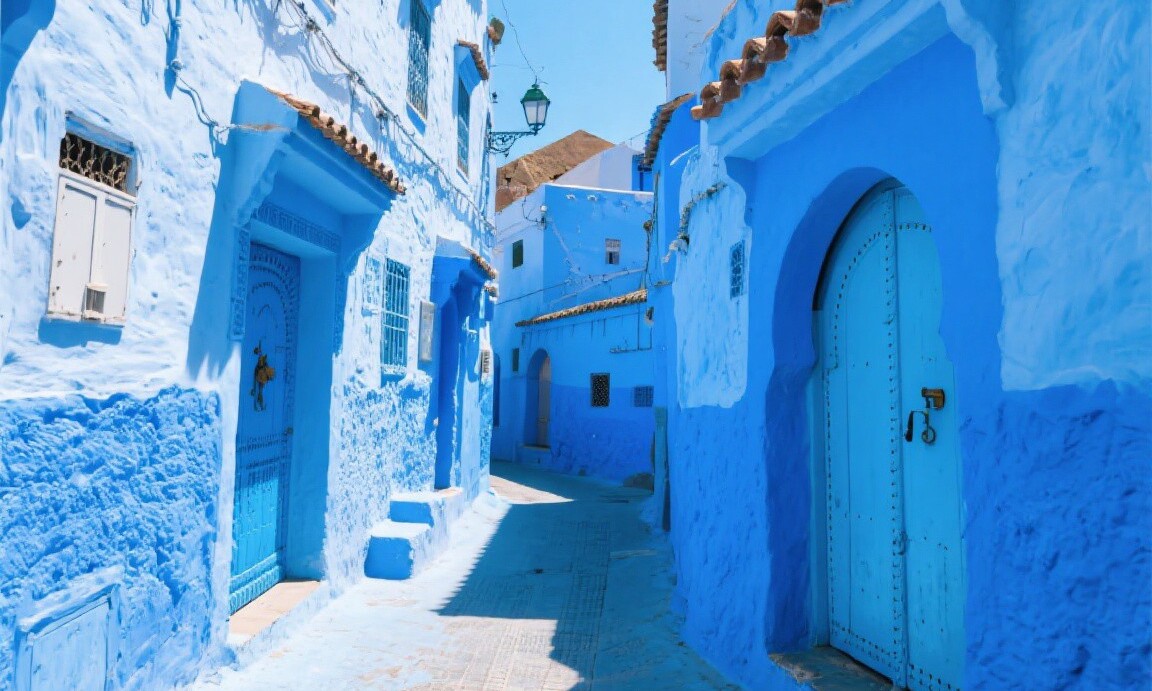 Blue painted streets and buildings in Chefchaouen Morocco
