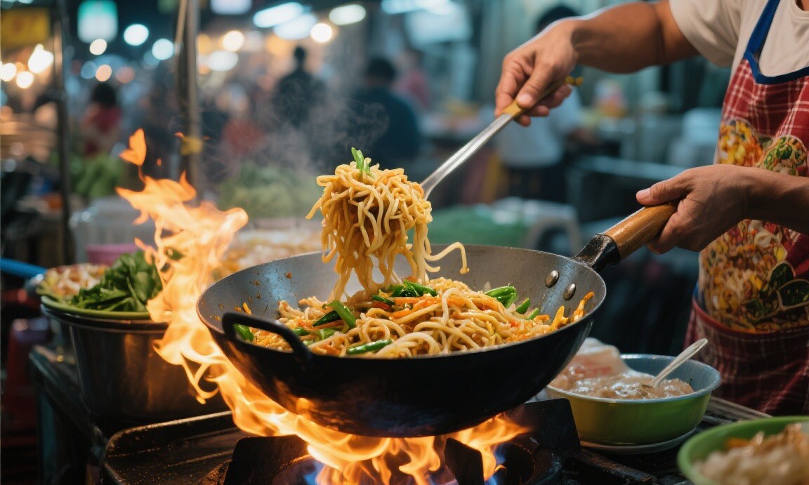 Street food stall in Bangkok serving pad thai for under $2